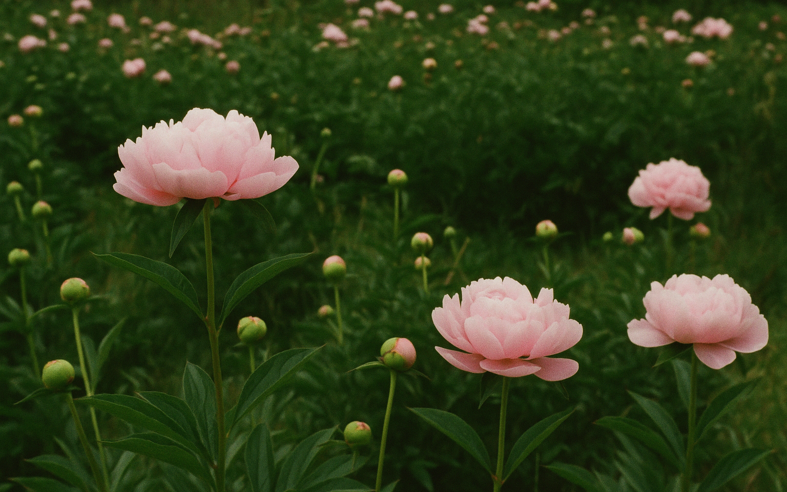 pink peonies in field